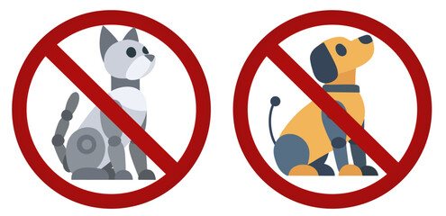 Vector collection of prohibition signs with robots dog and cat. Collection of forbidden stickers with cybernetic animals. Do not touch or pet robots
