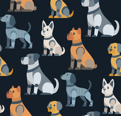 Vector seamless pattern with robot dogs of different breeds on dark background. Texture with technological pets. Background with animals cyborg for wrapping paper