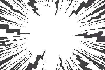Comic background with lightning burst effect. Vector pixel manga graphic with flash and abstract thunder. Radial perspective monochrome beams. Energy explosion frame with electric light.