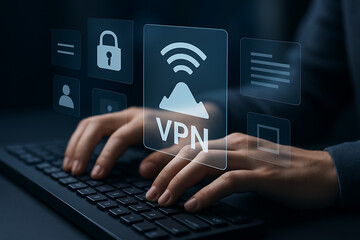 Close-up of man's hand typing password on computer keyboard to access VPN secure connection, with digital interface icons representing encrypted internet communication
