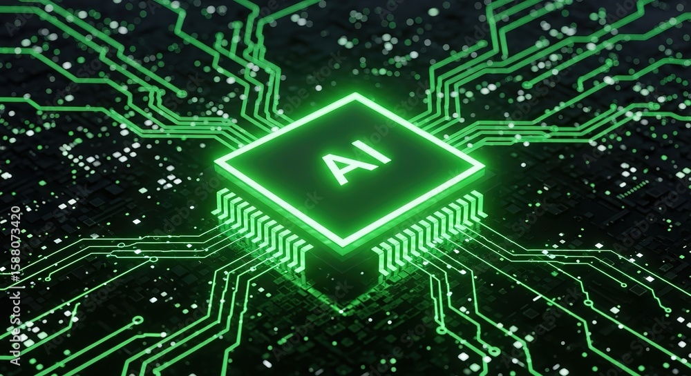 Poster glowing ai chip connected to a futuristic green circuit board with data flow