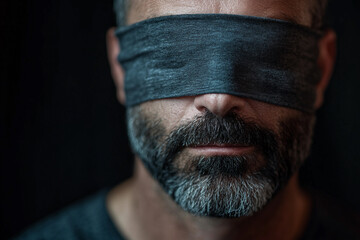 Generative AI Close Up of a Mature Bearded Man Wearing a Blindfold in Dark Minimal Lighting