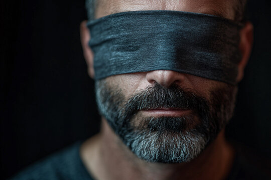 Generative AI Close Up of a Mature Bearded Man Wearing a Blindfold in Dark Minimal Lighting