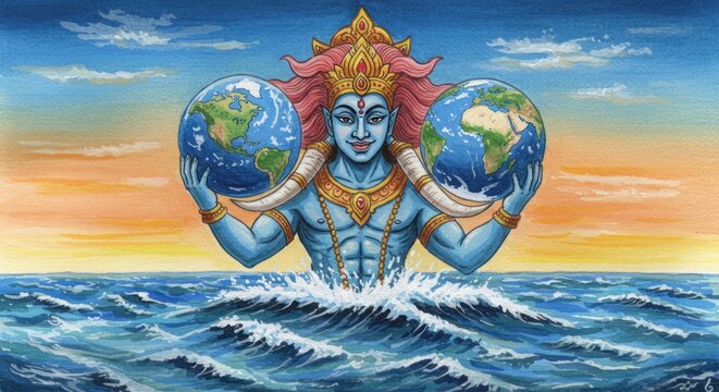 Watercolor-style scene of Varaha emerging from the ocean holding Earth on tusks