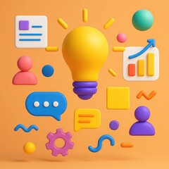 Bright yellow light bulb symbolizing a new idea surrounded by colorful 3d icons representing business communication and growth