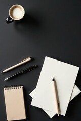 A minimalist workspace featuring a cup of coffee, blank stationery, and writing instruments, ideal for creative professionals seeking inspiration and quiet productivity.