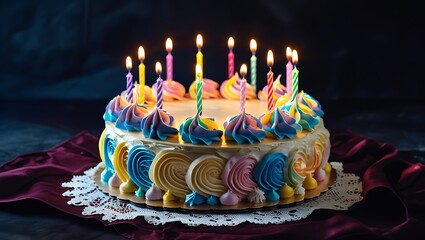 Pink birthday cake with burning candles, a sweet dessert for a happy celebration