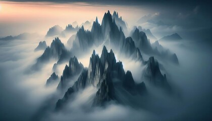 Jagged Peaks in Mist Sharp jagged peaks completely obscured by a