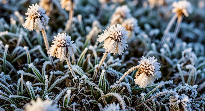 Icy Frost on Wilted White Flowers in Grassy Winter Landscape