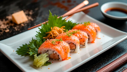 Salmon sushi rolls arranged on a white plate with chopsticks and soy sauce on a dark surface