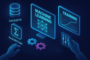 Conceptual illustration of machine learning process showing datasets algorithm training and data analysis with glowing neon blue elements on a dark background