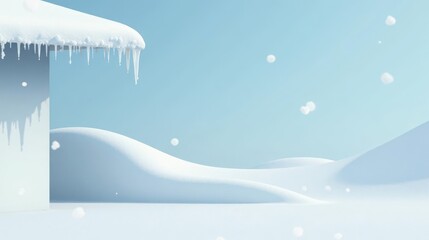 Fototapeta premium Serene Winter Scene Snow-Covered Roof with Icicles and Gently Undulating Snowdrifts Under a Pale Blue Sky