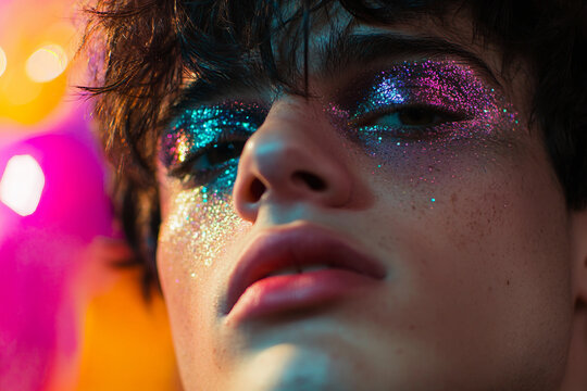 Trends in cosmetics showcasing bold male fashion makeup with sparkling glitter and colorful lighting for modern beauty concepts, generative ai - Powered by Adobe