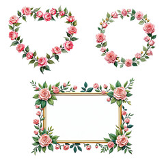 Pink Flowers Floral border and frames. Illustration in oil painting style. Graphical resources for making artistic craft, junk journals and printed material 