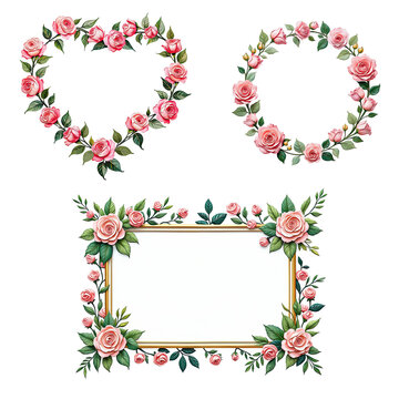 Pink Flowers Floral border and frames. Illustration in oil painting style. Graphical resources for making artistic craft, junk journals and printed material 
