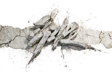 Cracked earth with a large, stylized, fragmented text