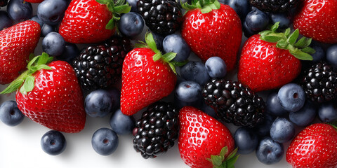 Fototapeta premium Verschiedene frische Beeren mit Erdbeeren, Blaubeeren und Brombeeren, Draufsicht isoliert auf weißem Hintergrund