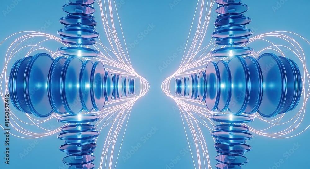 Poster symmetrical futuristic blue structures interconnected by glowing light trails on a clean background