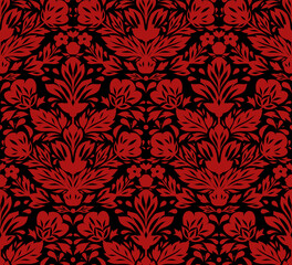 Vector gothic decorative pattern with red flower arrangement on black background. Seamless vintage texture with tracery stylized flowers for wallpaper, fabric and wrapping