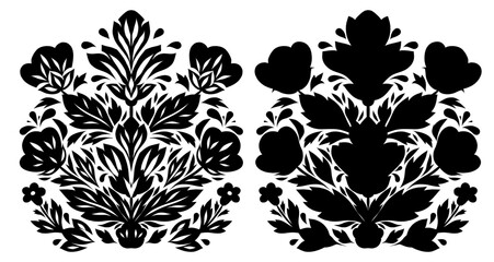 Vector set of black decorative clip arts of flower arrangement. Monochrome silhouette of symmetrical stylized flowers for cards and invitations. Summer bloom