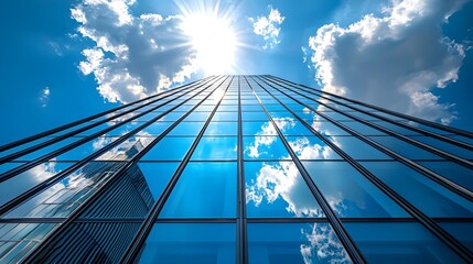 Soft sunlight bathes the glass curtain walls of skyscrapers, reflecting dazzling brilliance that harmonizes with the blue sky and white clouds