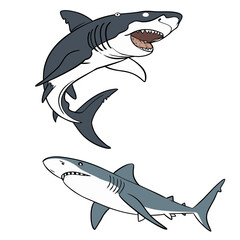 Naklejka premium Vector illustration of a cartoon shark isolated on white background swimming in the ocean with fins and teeth visible