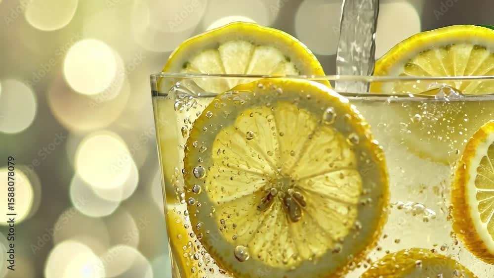 Poster refreshing lemonade with fresh lemon slices in a sparkling glass under soft bokeh lighting, refreshi