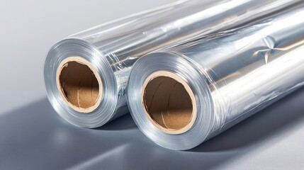 Fototapeta premium Twin rolls of shimmering foil on a neutral surface, reflecting light in a captivating display of textures and metallic reflections with a muted background
