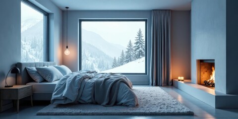 Cozy bedroom interior design featuring a plush bed, fireplace, and stunning snowy mountain view from a large window.
