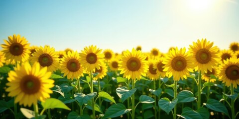 Fototapeta premium A vibrant field of sunflowers basking in the golden sunlight, showcasing their bright yellow petals and tall green stems, creating a breathtaking natural scene of summer serenity.