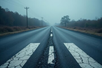 A solitary road stretches ahead, disappearing into a misty horizon, marked by a cracked white line down the center, flanked by weathered utility poles and a serene landscape.