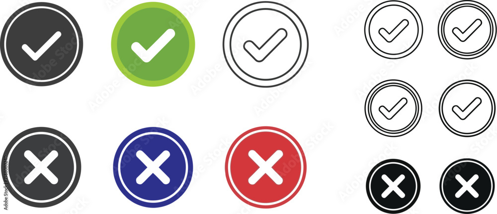 Poster check mark and cross vector icon set represents validation and invalidation process