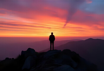 Obraz premium the silhouette of a person standing on the top of a mountain and watching the beautiful sunset; representing a new beginning/success/mindfulness