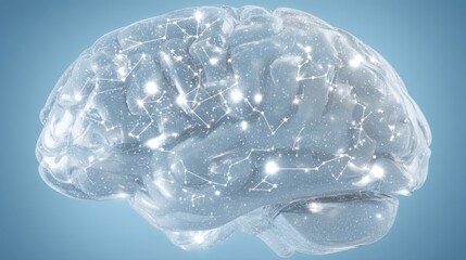 Transparent human brain with glossy, glass-like appearance on smooth blue background, featuring intricate white lines and dots resembling celestial star networks, 