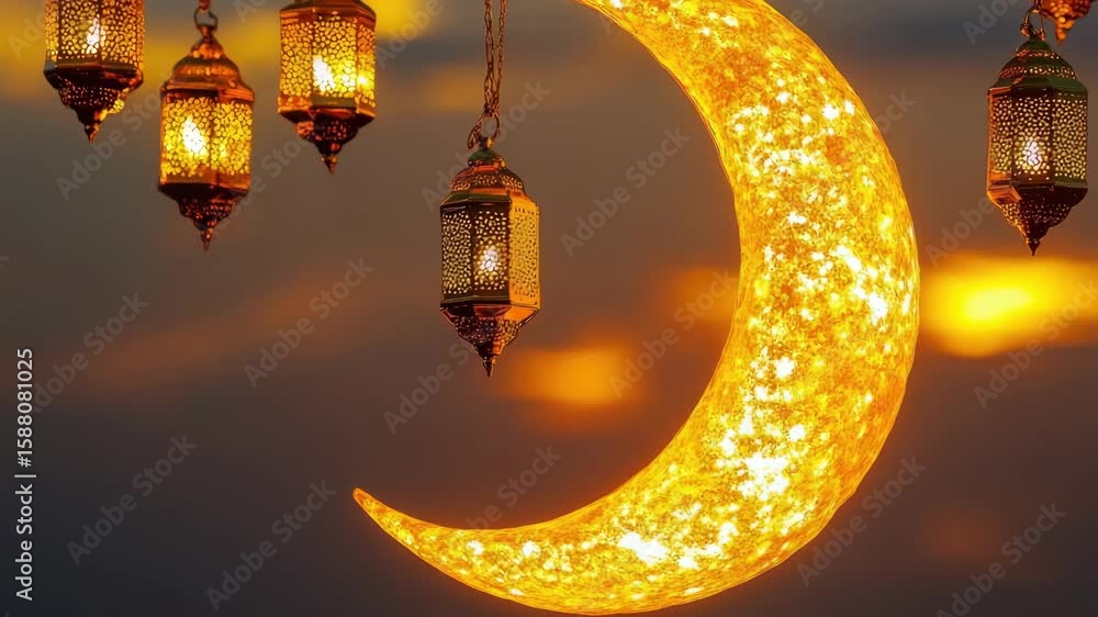 Poster a large yellow moon is lit up by a series of lanterns hanging from the ceiling. the lanterns are arr