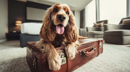 Happy Cocker Spaniel dog lying on brown suitcase with leather straps in luxury hotel room, tongue out and relaxed, surrounded by white carpet and modern furniture in wide angle travel scene
