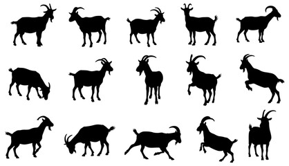 A collection of goat silhouettes in various poses. Vector illustration