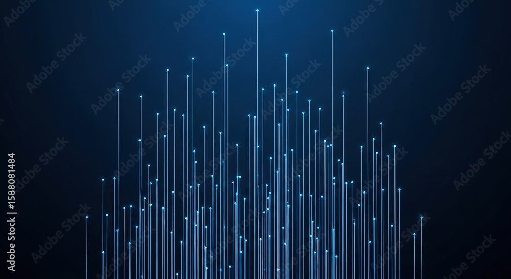 Poster abstract network of glowing blue lines and nodes against a dark blue background representing data fl