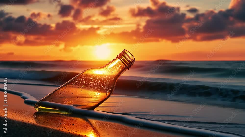 Poster message in a bottle rests on sandy coast as sun sets behind vibrant clouds, message in a bottle on t