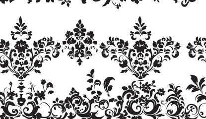 Seamless black and white vintage floral pattern with ornate Victorian style leaves and swirls