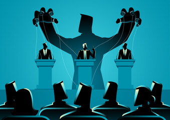 Political Manipulation Concept. Puppet master controlling politicians and public, shadow government concept.