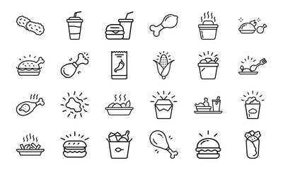 Vector Line Icons of Fast Food and Fried Chicken Meals Including Burgers, Drumsticks, Snacks, and Beverages for Restaurant and Delivery Branding