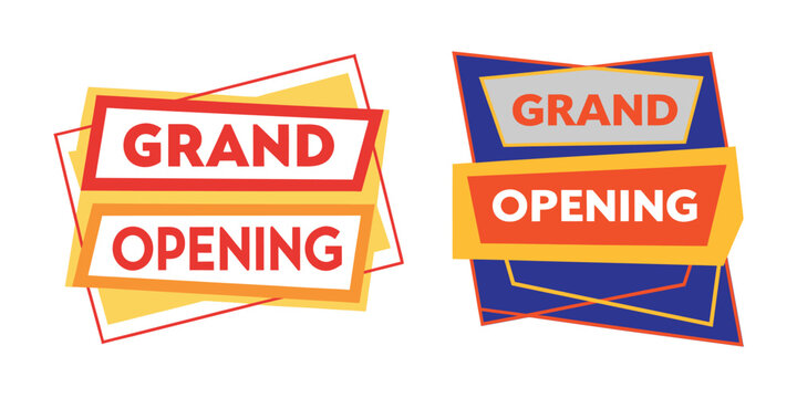 Two grand opening vector graphics with vibrant colors and bold typography for promotional marketing materials and business announcements.