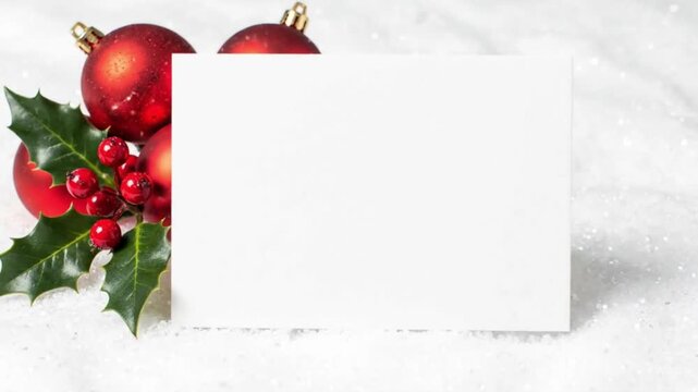 A blank white card is nestled on a snowlike surface accented by red Christmas ornaments and holly with berries