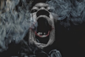 Terrifying Screaming Face Surrounded by Smoke in Dark Horror Scene