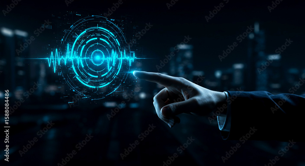 Poster touching futuristic interface with hand for technology innovation and digital transformation 100