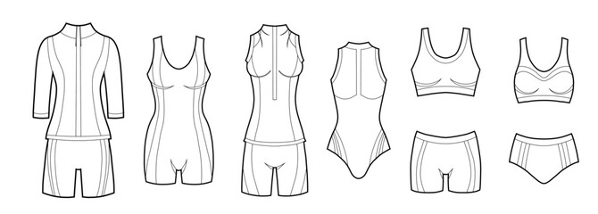 Vector set of contour closed sports women swimsuits. Collection of outline sports wetsuits for swimming pools, cycling competitions and gymnastics. Line art illustrations for icons, postcards