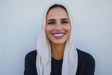 Portrait of a smiling woman wearing a light beige hijab and black top standing against a textured pale wall with relaxed posture and radiant expression, with copy space.