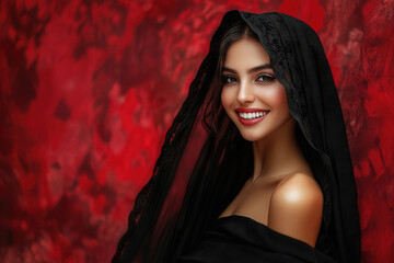 Portrait of a woman in a black lace headscarf smiling brightly against a red textured background with confident posture and soft lighting focused on her face, with copy space.