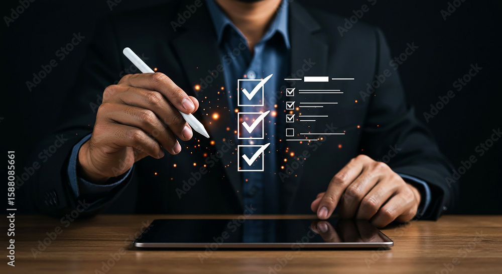 Poster digital checklist on tablet for business management and task management with businessman using pen t
